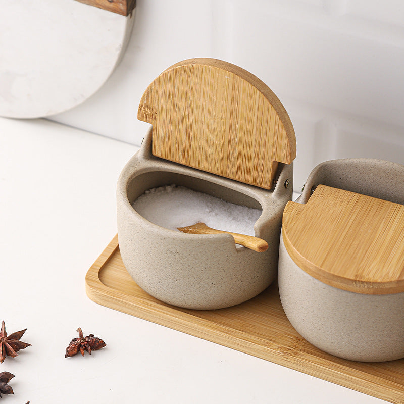 Japanese Ceramic Bamboo and Wood Lid Seasoning Jar Seasoning Box Kitchen Seasoning Storage Jar Salt Sugar Jar Set - V.I.P Digital Presence