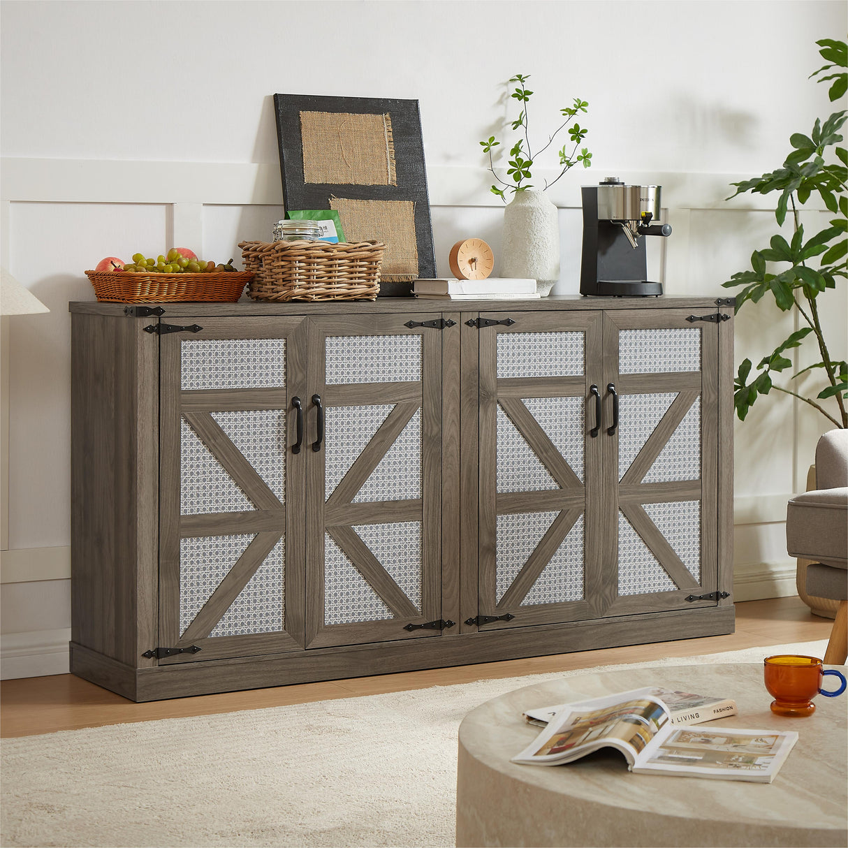 65-Inch Slate Gray Faux Rattan Sideboard with Barn Doors Rustic Sideboard, 4-Door Storage for Living Room, Entryway, Bedroom - V.I.P Digital Presence