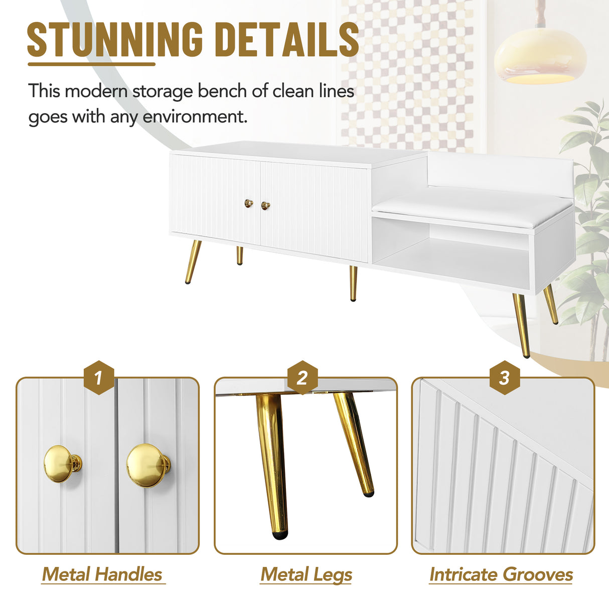 Modern Shoe Storage Bench with Hidden Storage and Upholstered Cushions for Bedside, Living Room and Entryway (White) - V.I.P Digital Presence