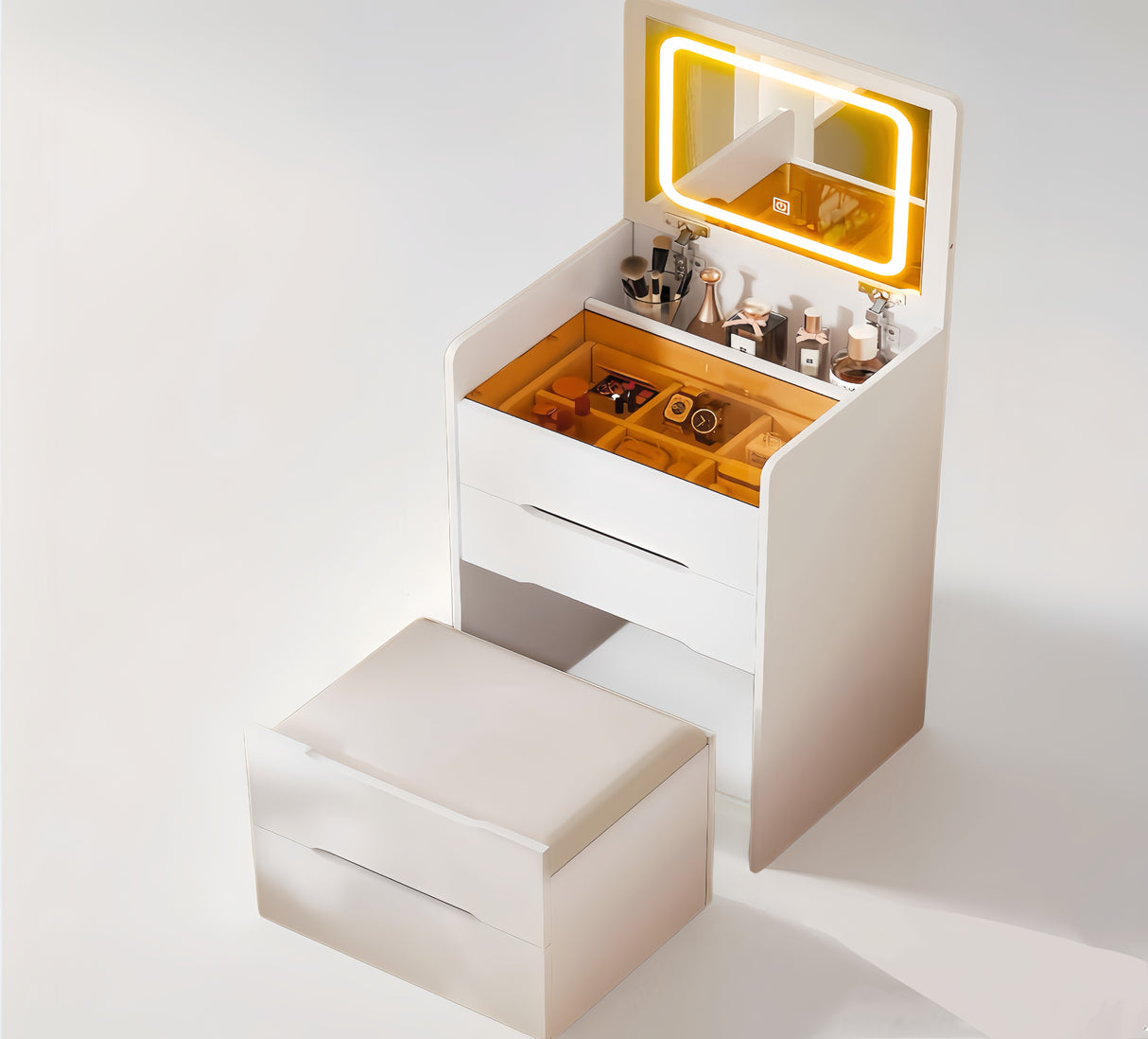 3 in 1 Vanity Desk with Plip Top Mirror,Small Make Up Vanity Set with Visible Glass Desktop,Compact Makeup Vanity with 3 Drawers - V.I.P Digital Presence
