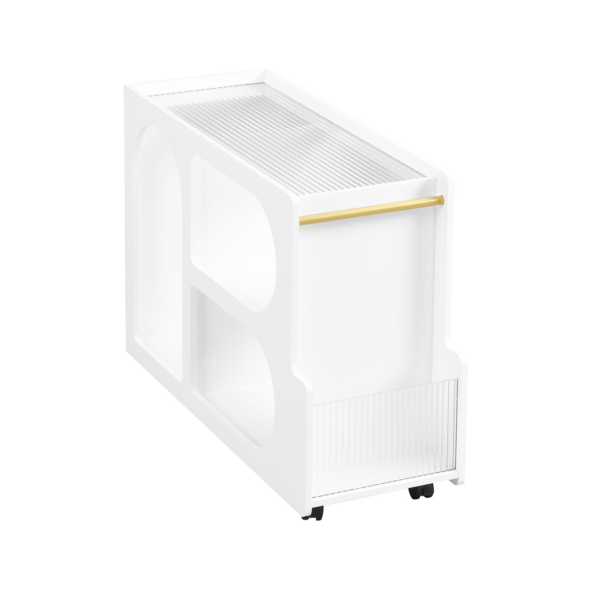 Stylish mobile desk with lockable wheels, white bedside table with 5mm thick grooved tempered glass and gold round bars - V.I.P Digital Presence