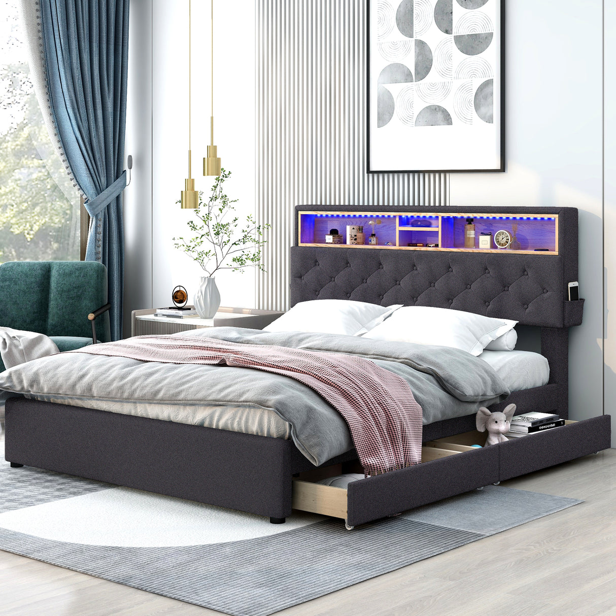 Queen Size Upholstered Platform Bed with Storage Headboard, LED, USB Charging and 2 Drawers Dark Gray