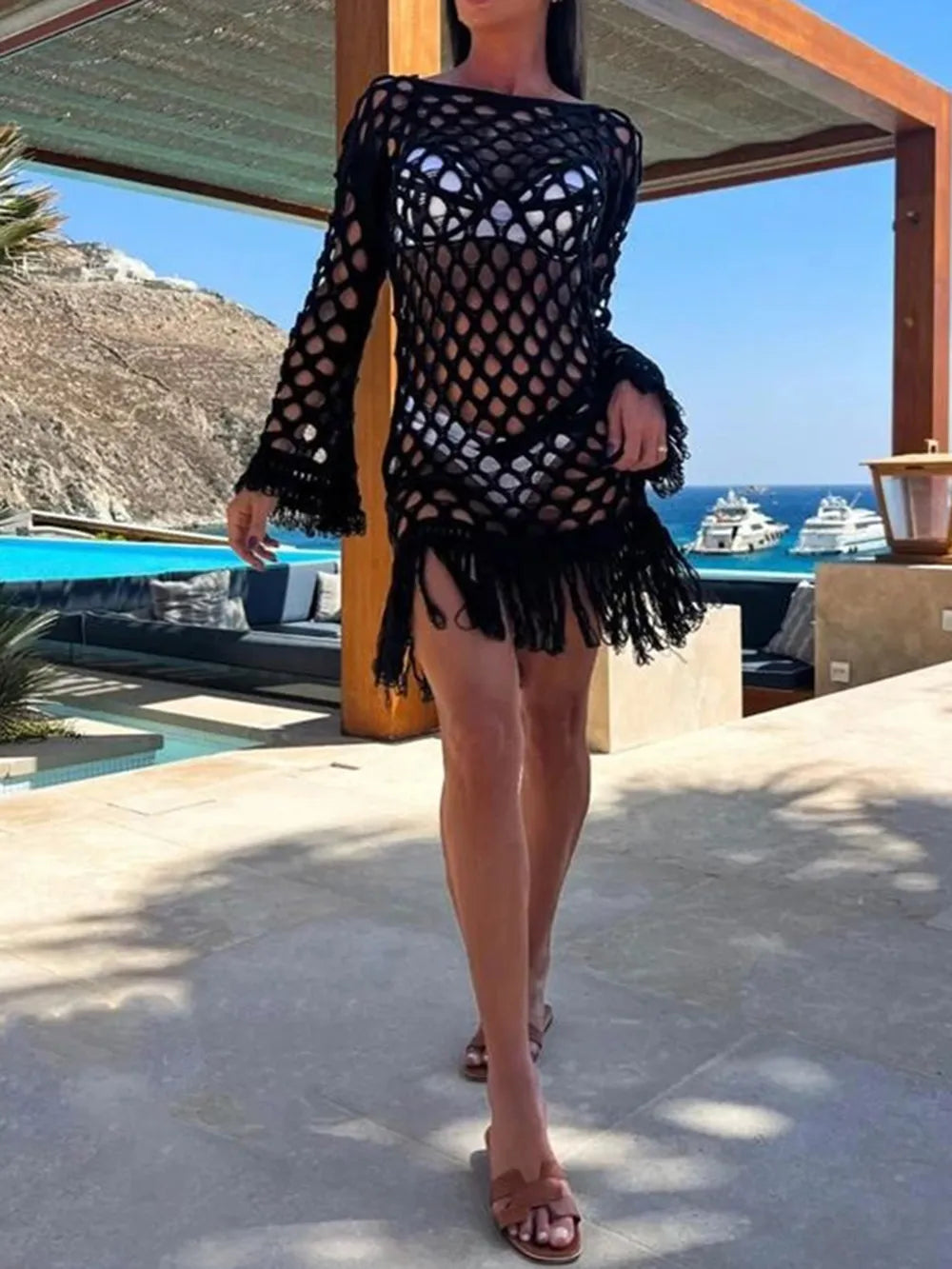 Fringe Cutout Long Sleeve Cover Up - V.I.P Digital Presence