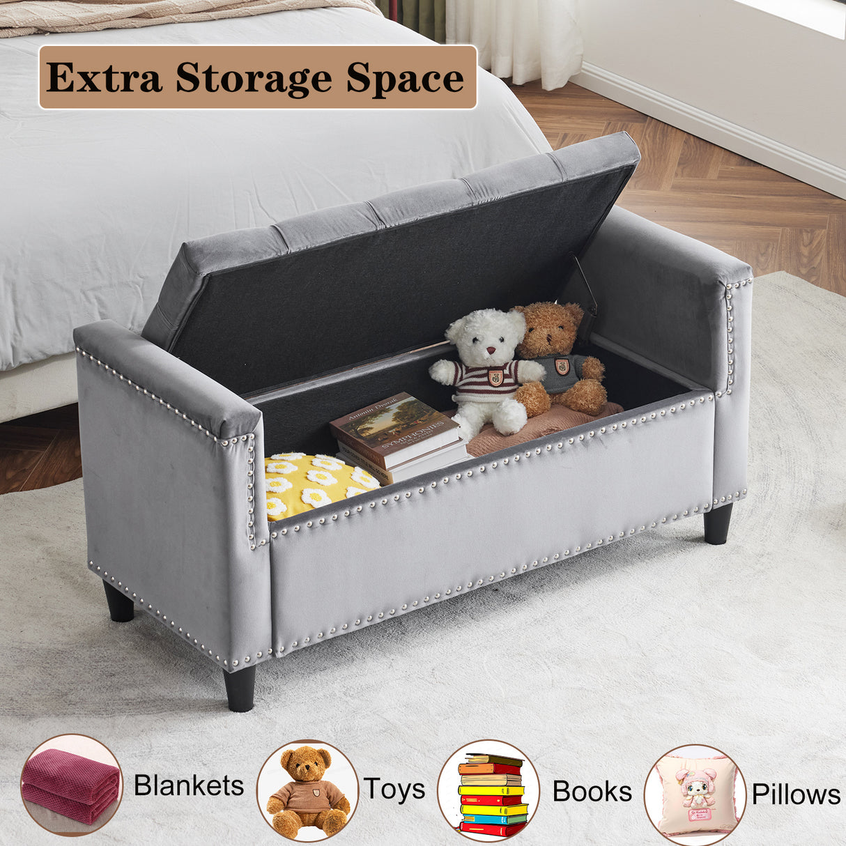 Storage Bench, 44.5-Inch Queen Velvet Button Bedside Bench, Entryway Living Room with Armrests, Nailhead Trim Gray - V.I.P Digital Presence