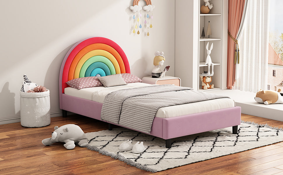 Rainbow Design Upholstered Twin Platform Bed Cute Style Princess Bed for Boys & Girls, Teens, Colorful & Pink - V.I.P Digital Presence
