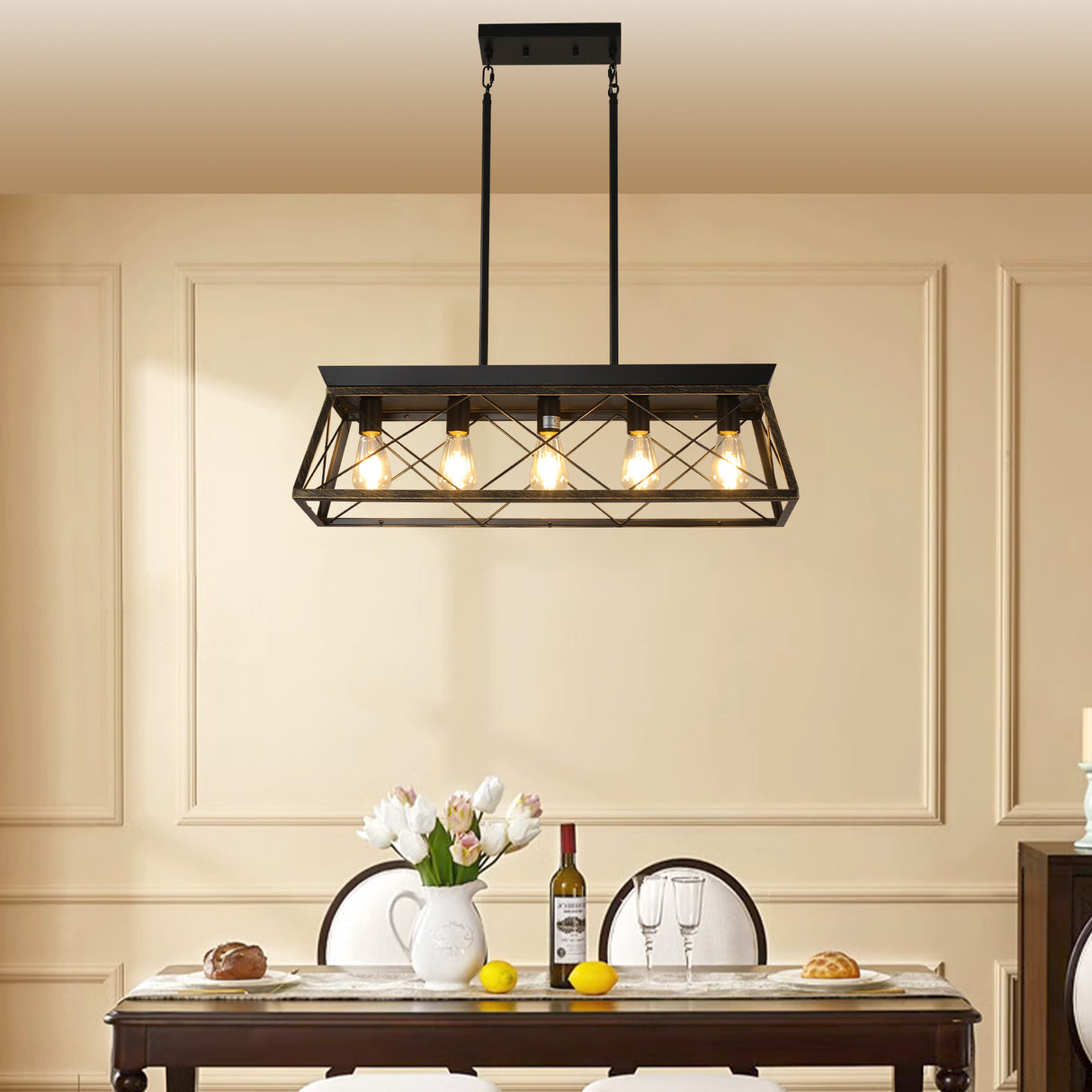 5-Light Farmhouse Chandeliers for Dining Room Metal Rustic Pendant Island Light Modern Rectangular Island Lights (No Bulbs)