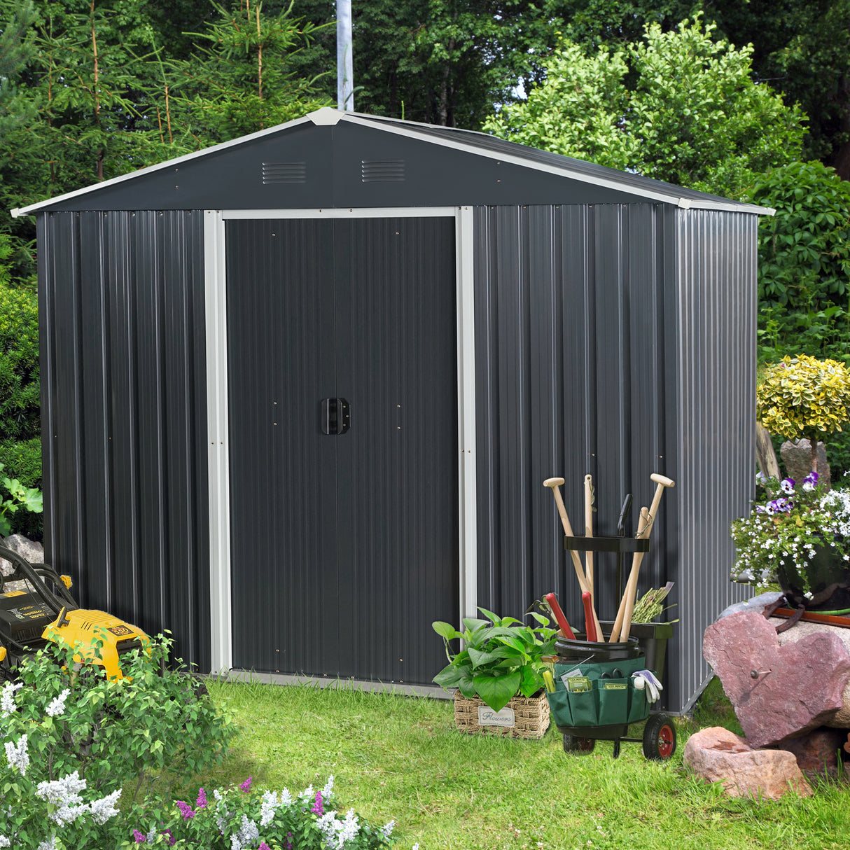 8ft x 6ft Outdoor Metal Storage Shed with Floor Base Black - V.I.P Digital Presence