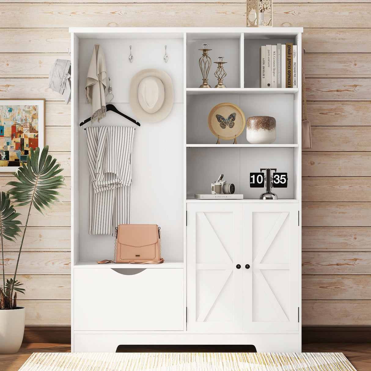 Multi-functional Hall Tree with Storage Shelves Drawers Cabinet Elegant Hallway Shoe Cabinet with Bench Modern Coat Rack White - V.I.P Digital Presence