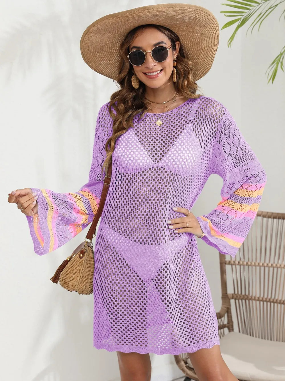 Openwork Contrast Long Sleeve Cover-Up - V.I.P Digital Presence