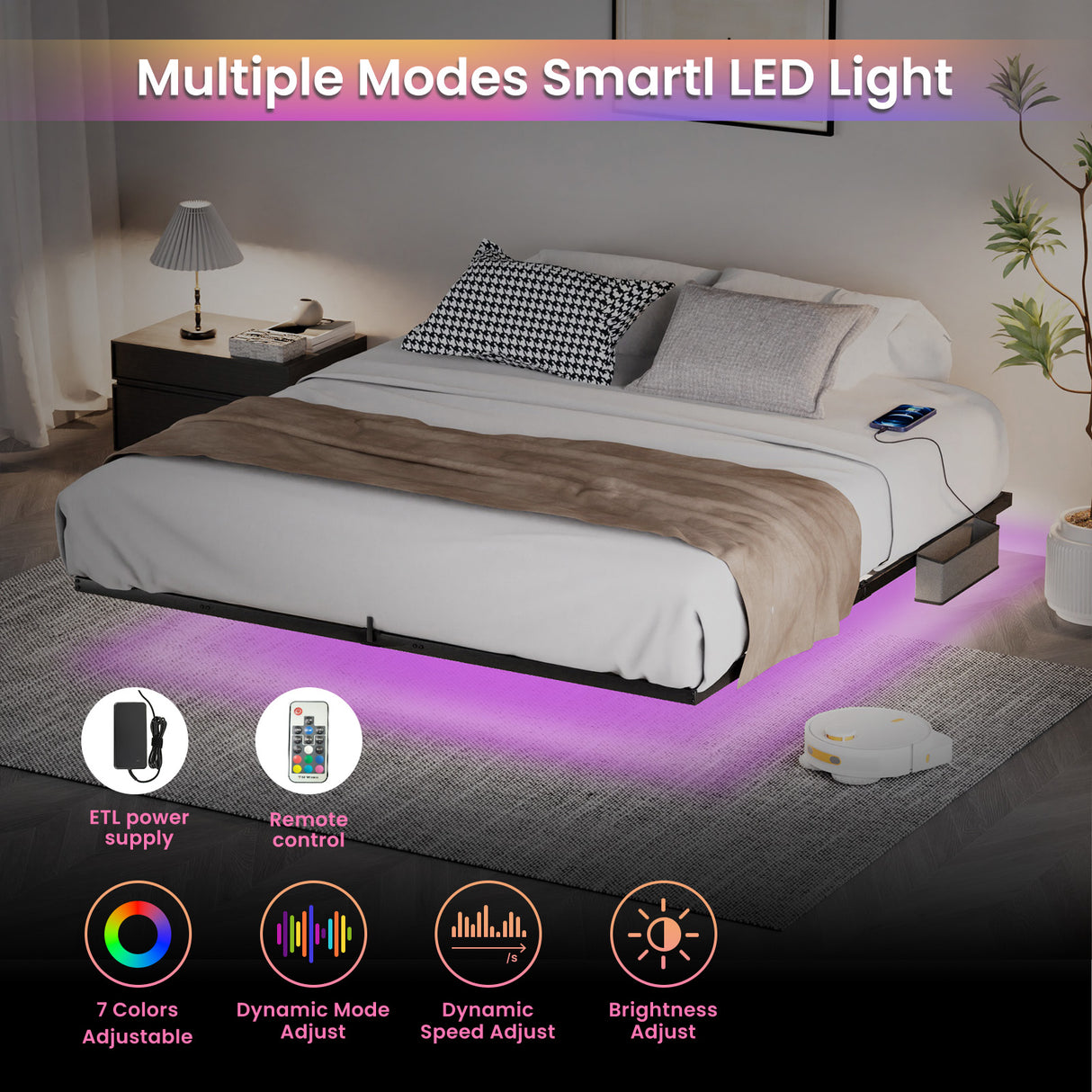 Floating Bed Frame King Size with LED Lights & charging station, Metal Platform Queen Bed, 79.9'' L x 76.2'' W x 7.9'' H. - V.I.P Digital Presence