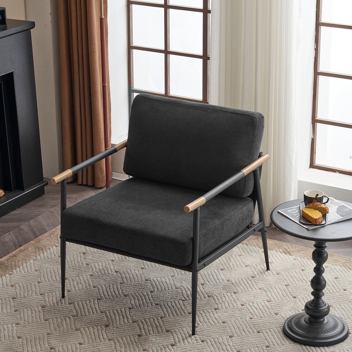 Leisure Lounge Chair Arm Chair with Metal Frame, Upholstered Side Chair Comfy Sitting Chair for Living Room, Black Chenille - V.I.P Digital Presence