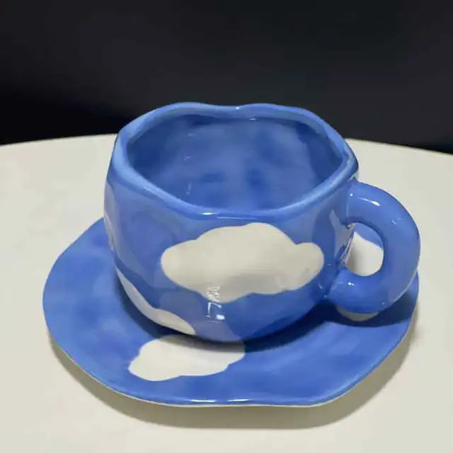 Hand Painted Blue Sky White Clouds Coffee Mug with Saucer Ceramic Handmade Tea Cup Saucer Set Lovely Gift Irregular Coffee Mug - V.I.P Digital Presence