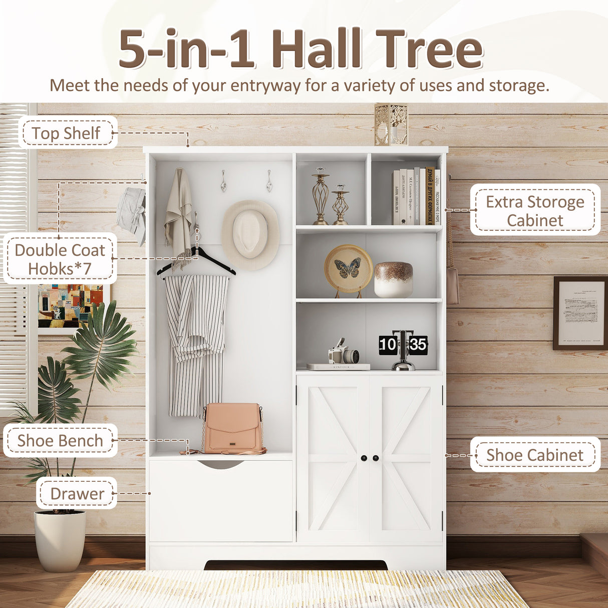 Multi-functional Hall Tree with Storage Shelves Drawers Cabinet Elegant Hallway Shoe Cabinet with Bench Modern Coat Rack White - V.I.P Digital Presence
