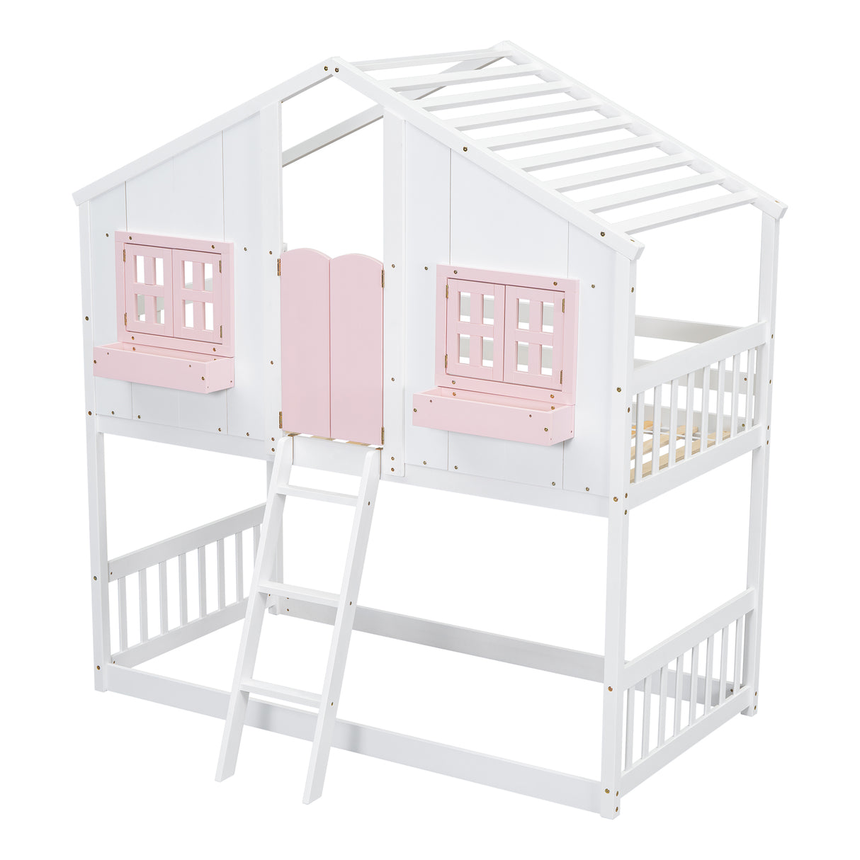 Twin over Twin House Bunk Bed with Roof , Window, Window Box, Door , with Safety Guardrails and Ladder, Pink/White - V.I.P Digital Presence