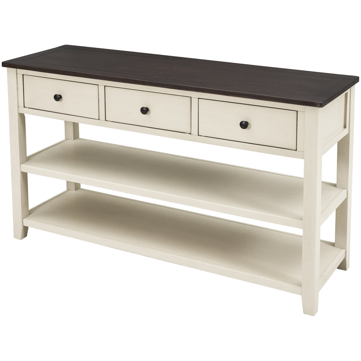 Retro Design Console Table with Two Open Shelves, Pine Solid Wood Frame and Legs for Living Room (Espresso+Beige) - V.I.P Digital Presence