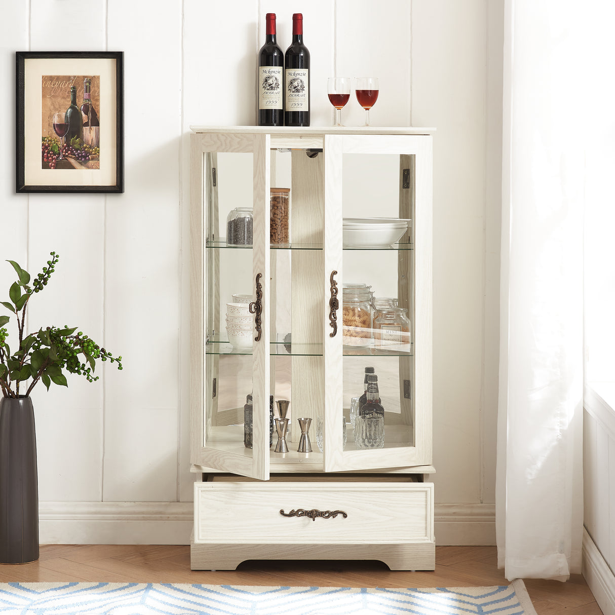 Light colored glass cabinet Curio display cabinet with adjustable glass frame, 2 doors and 1 drawer, including white light bulbs - V.I.P Digital Presence