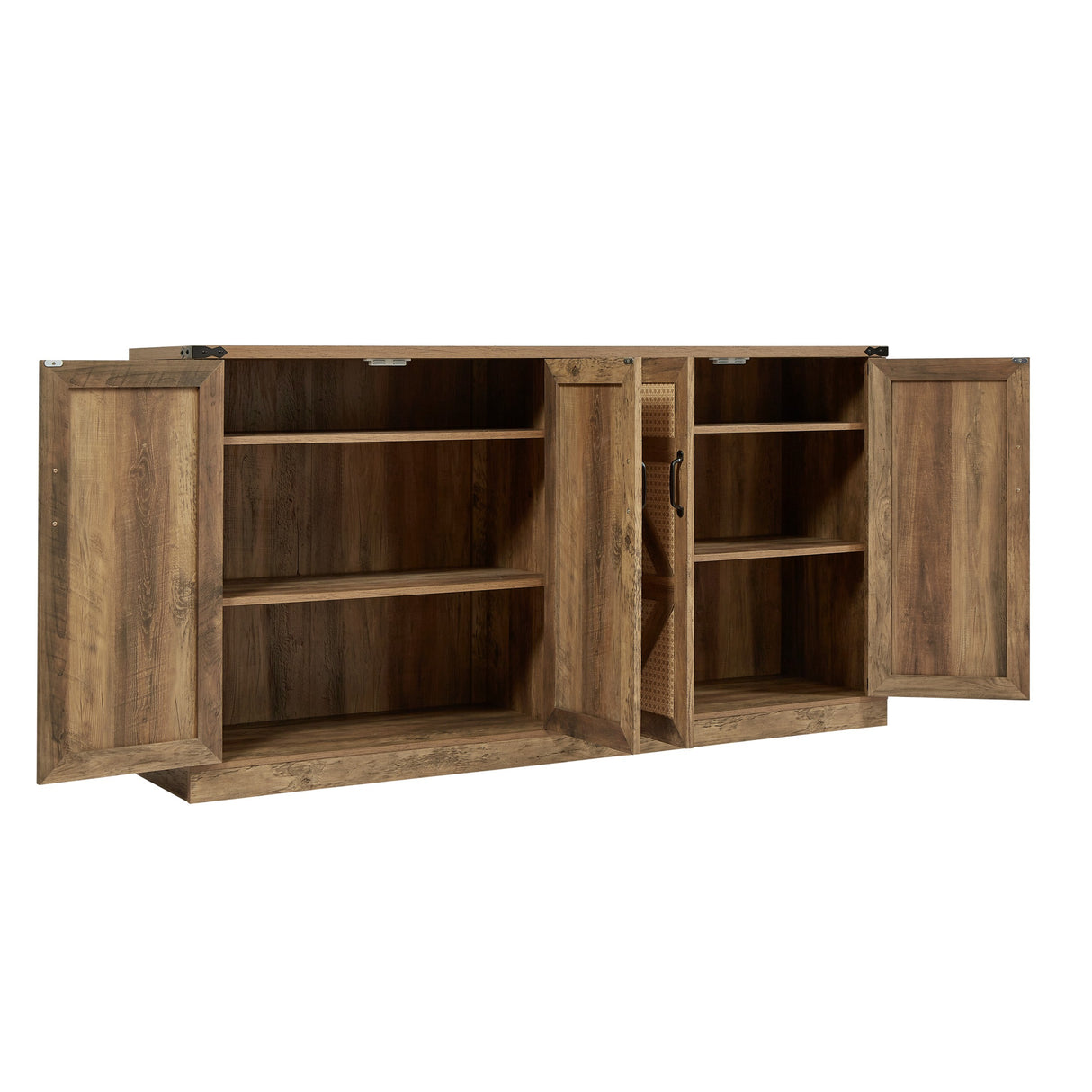 65-Inch Rustic Oak Color Faux Rattan Sideboard, Barn Door Rustic Style Sideboard, Living Room, Entryway, Bedroom - V.I.P Digital Presence