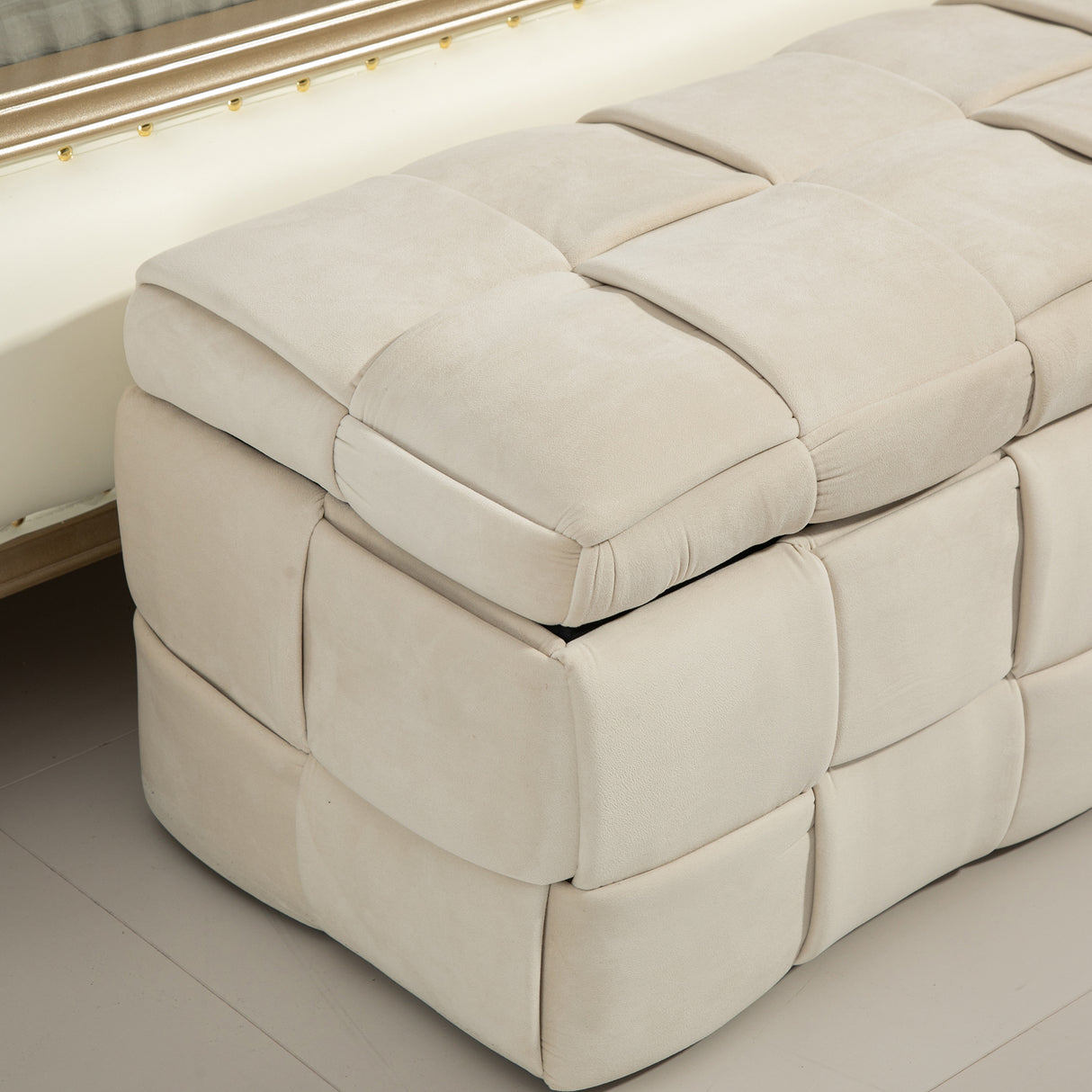 COOLMOR storage Ottoman chair, bedroom end stool, cushioned fabric entrance cushioned footstool with safety hinge (beige) - V.I.P Digital Presence