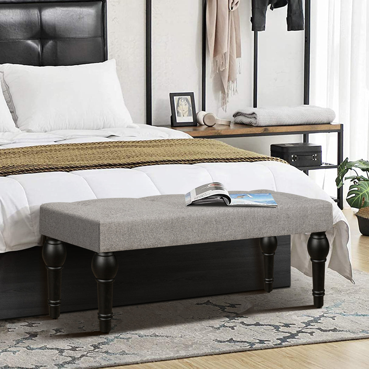 Ottoman Bench 4-thickened Roman Column Feet French Upholstered Bedside Bench For Bedroom Living Room Entryway - V.I.P Digital Presence