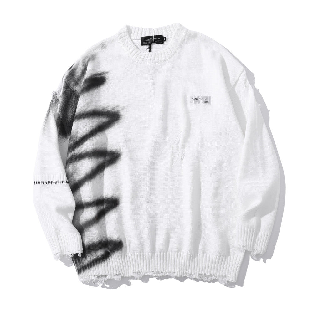 Graffiti Print Crew Neck Knit Sweater Men's Loose Fit Pullover with Hem Holes Street Style Trendy Design - V.I.P Digital Presence
