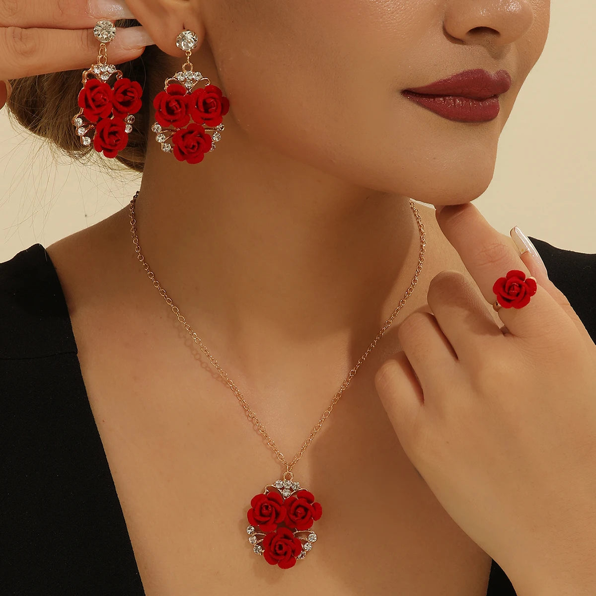 4pcs/Set Romantic Lovely Red Rose Flower Inlaid Rhinestone Pendant Necklaces+Dangle Earrings+Ring,For Women Valentine'S Day Gift - V.I.P Digital Presence