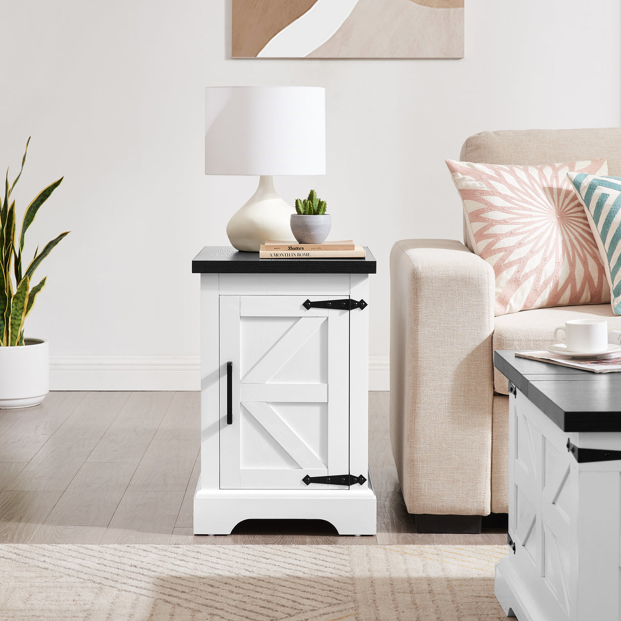 Farmhouse tea table bedside table rectangular farmhouse tea table with barn door and adjustable storage rack, white - V.I.P Digital Presence