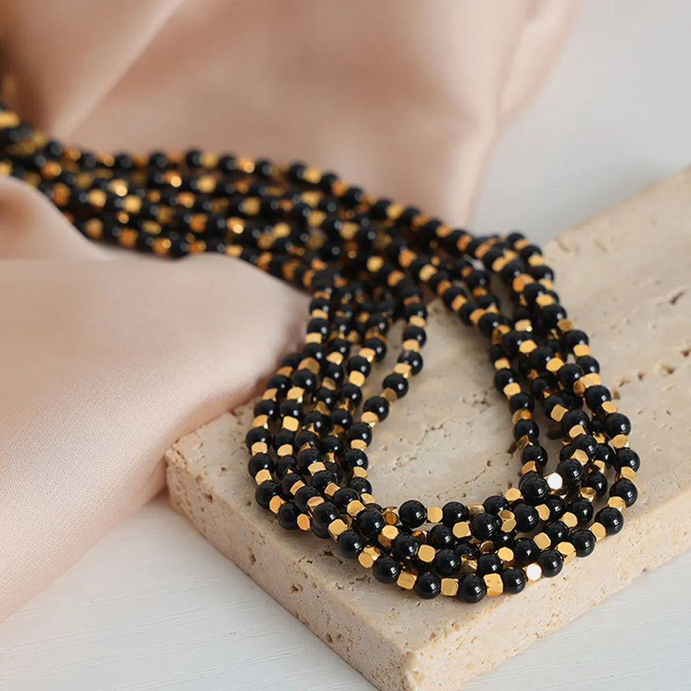 Square titanium steel gold-plated natural black agate stone handmade bead necklace jewelry for women - V.I.P Digital Presence
