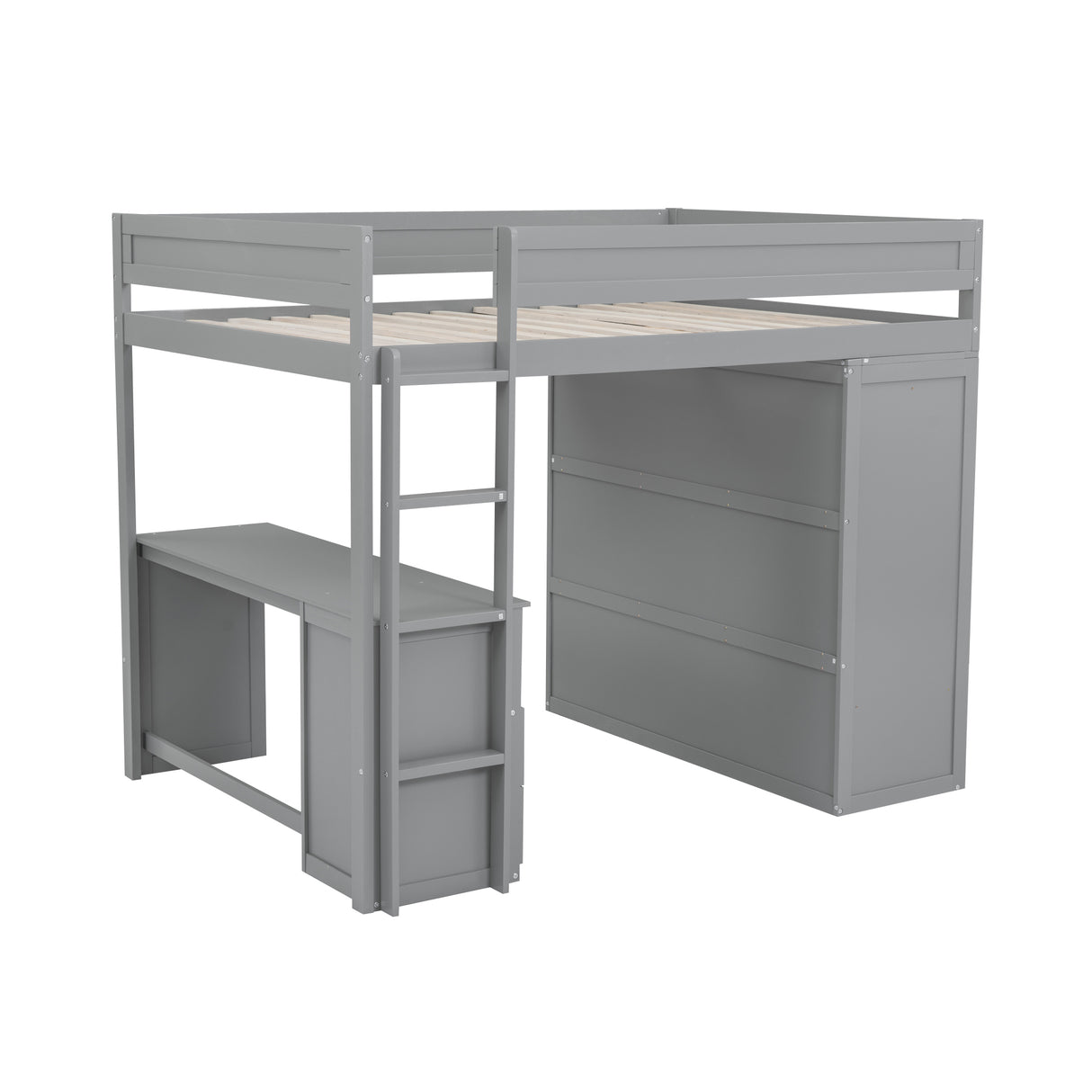 Wood Full Size Loft Bed with Wardrobes and 2-Drawer Desk with Cabinet Gray