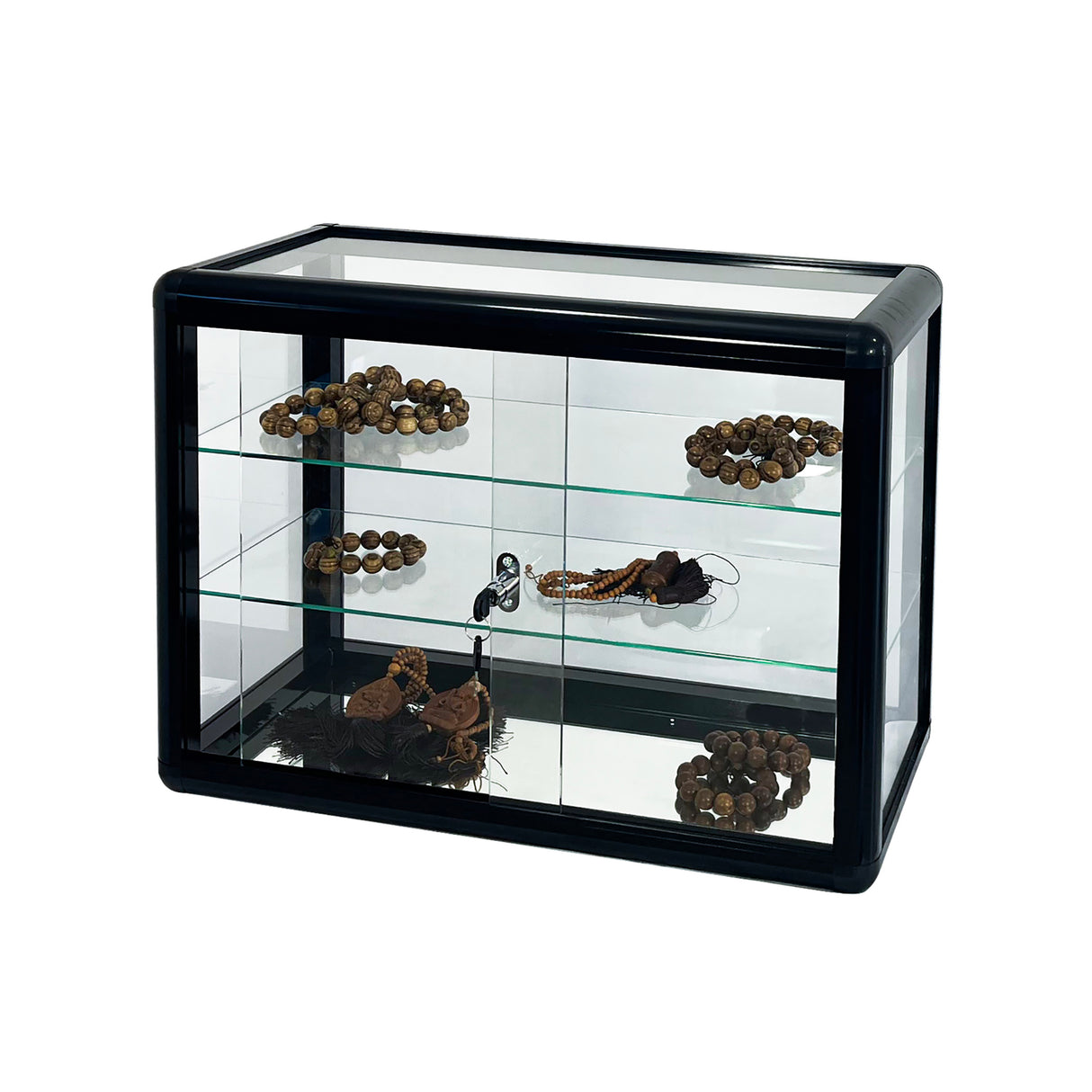 Tempered glass counter top display cabinet with sliding glass door and lock, standard aluminum frame - V.I.P Digital Presence