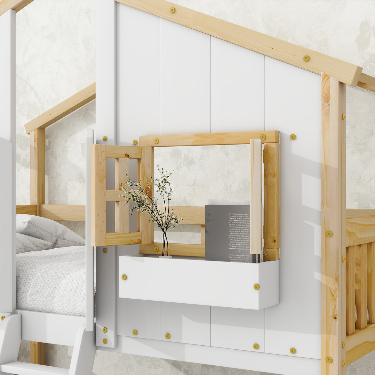 Twin over Twin House Bunk Bed with Roof , Window, Window Box, Door , with Safety Guardrails and Ladder, Natural/White - V.I.P Digital Presence