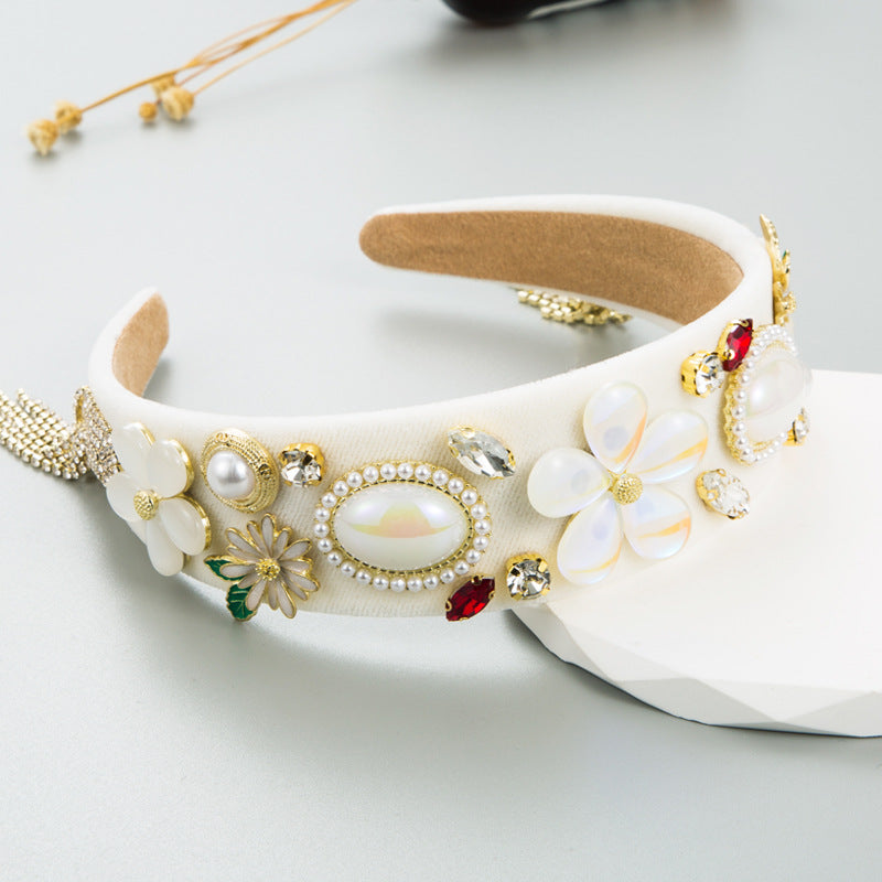 Vintage Baroque New Flower Pearl Tassel Hair Charm Velvet Fabric Headband Accessories - V.I.P Digital Presence