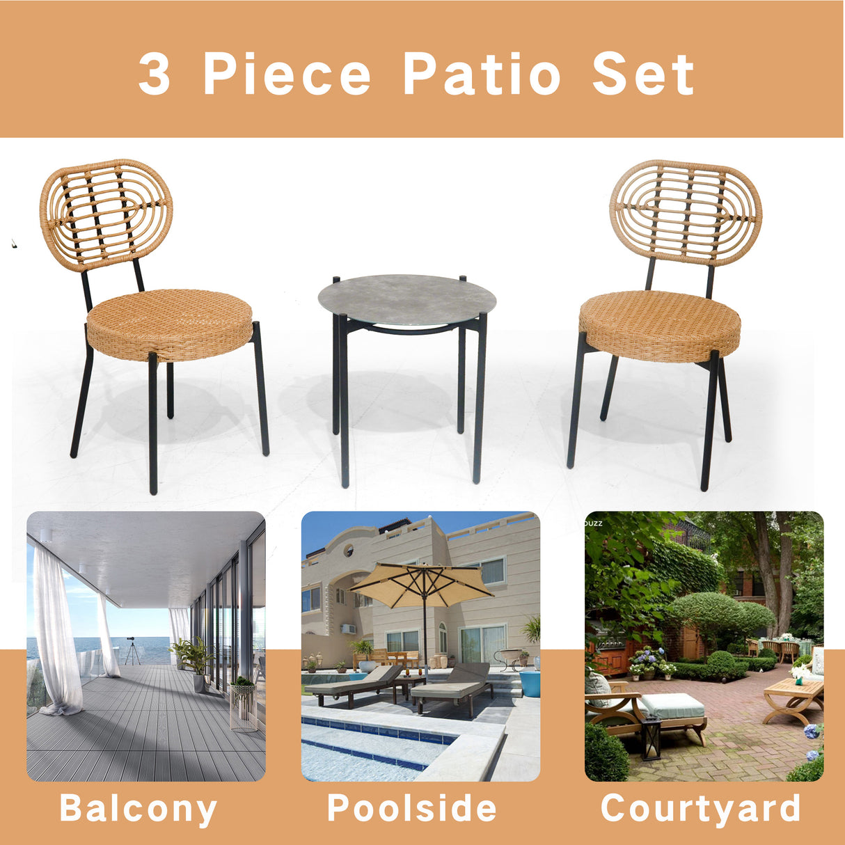 3 Pieces Of Luxury Outdoor Wicker Furniture - Patio Bistro Style Table And Chair Combination - V.I.P Digital Presence