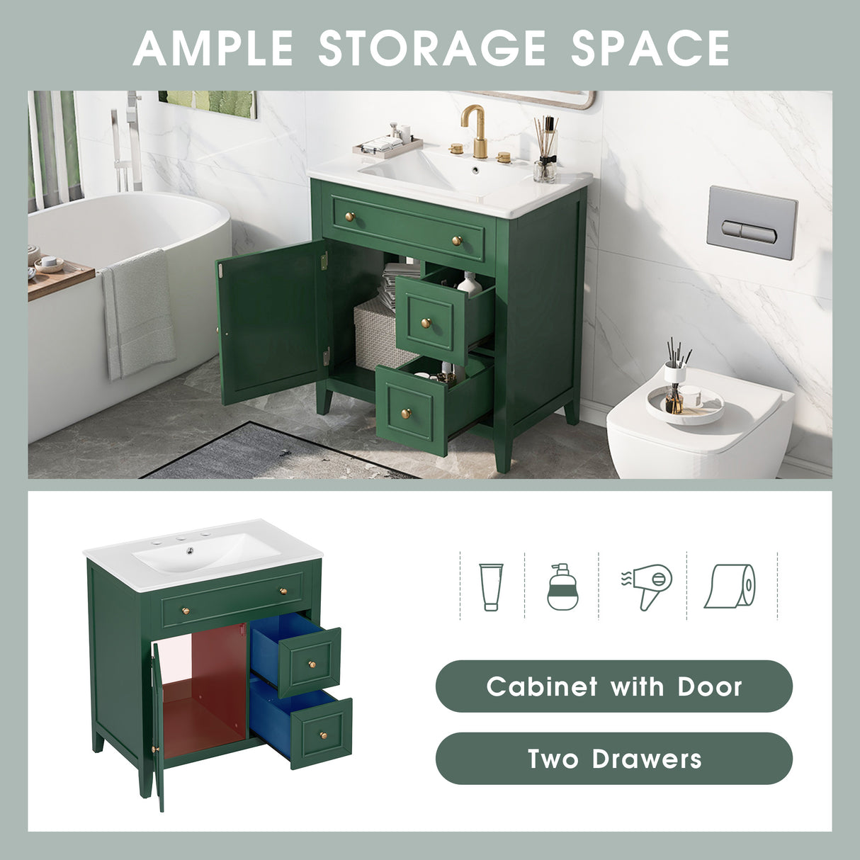 30" Bathroom Vanity with Sink Top, Bathroom Vanity Cabinet with Door and Two Drawers, Solid Wood Frame, One Package, Green - V.I.P Digital Presence