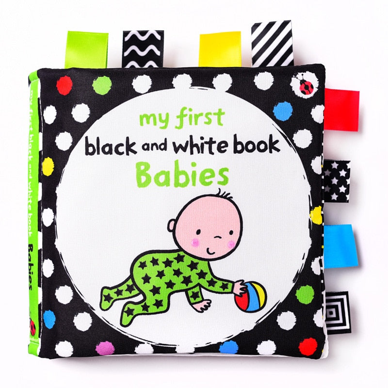 Libro de tela LakaRose Baby con etiqueta en blanco y negro, libros de educación temprana para recién nacidos y bebés, libros de tela tranquilos