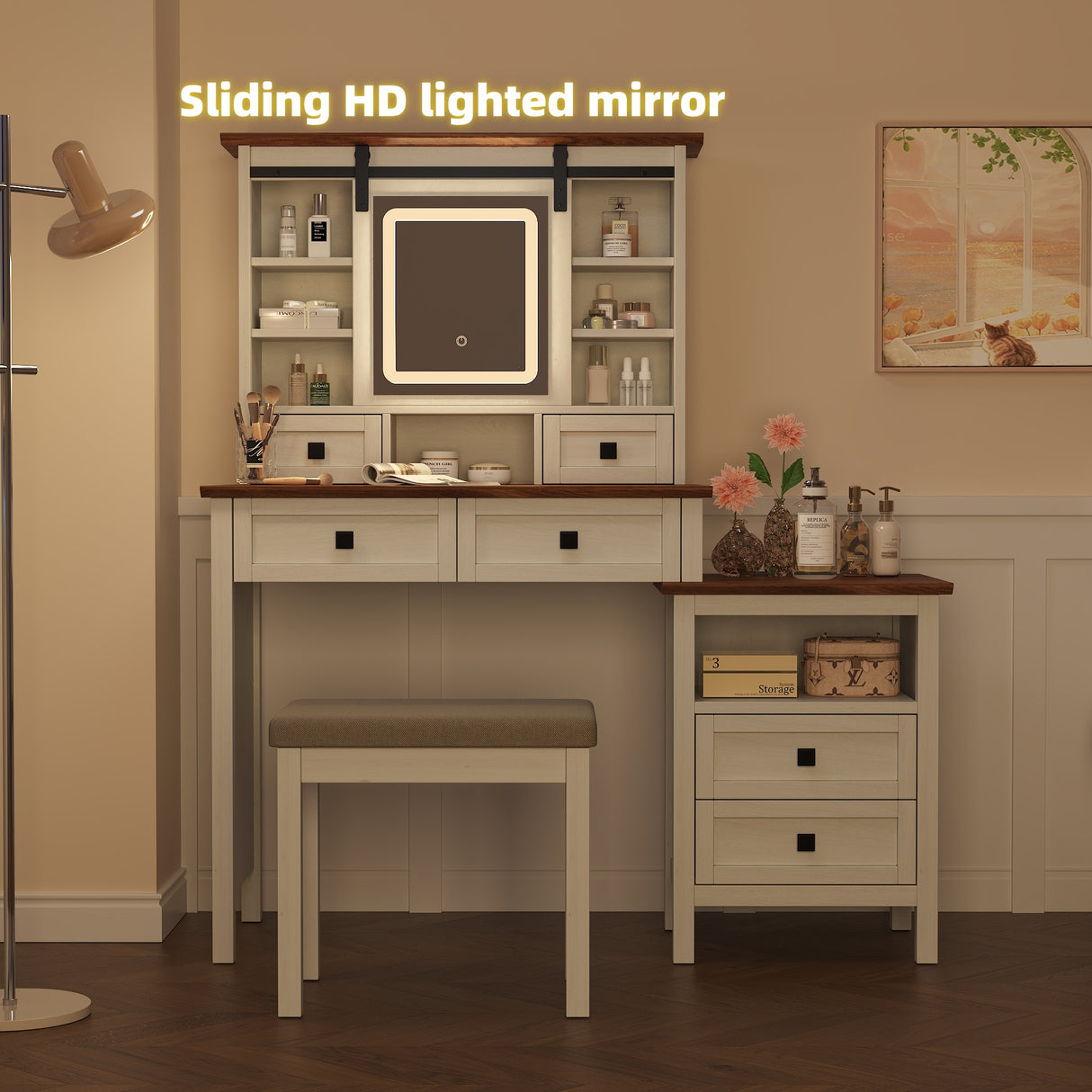 46.5-inch dressing table with adjustable LED lighting mirror and charging station, equipped with soft cushioned stool - V.I.P Digital Presence