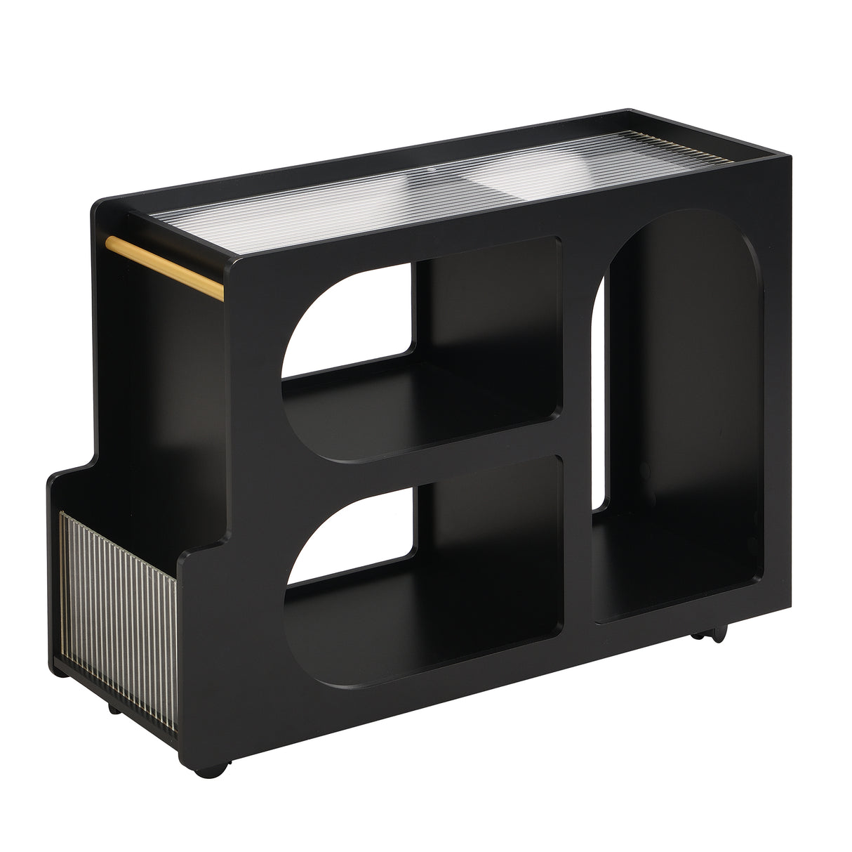 Stylish mobile desk with lockable wheels,bedside table with 5mm thick grooved tempered glass and gold round bars ,black - V.I.P Digital Presence