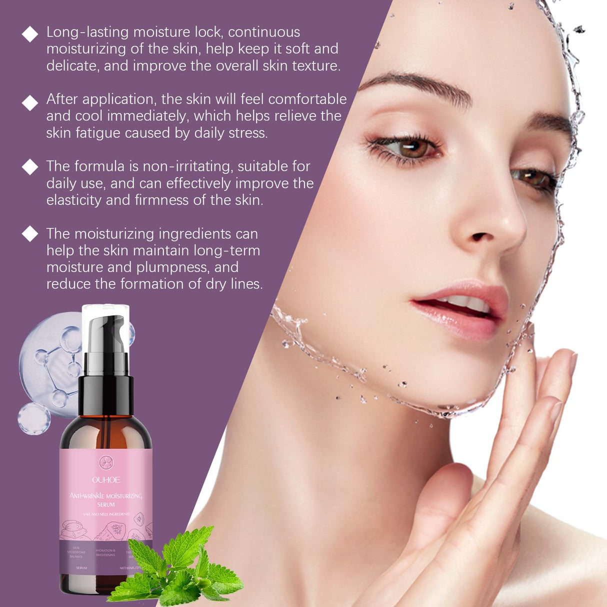 Esencia hidratante con ácido hialurónico y vitamina que hidrata la piel del rostro.