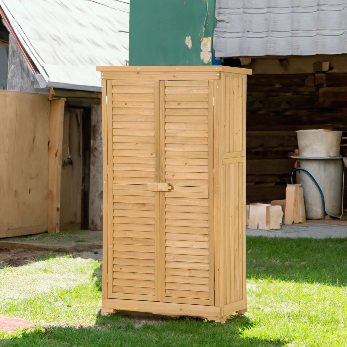 Wooden Garden Shed 3-tier Patio Storage Cabinet Outdoor Organizer Wooden Lockers with Wood (Natural Wood Color -Shutter Design) - V.I.P Digital Presence