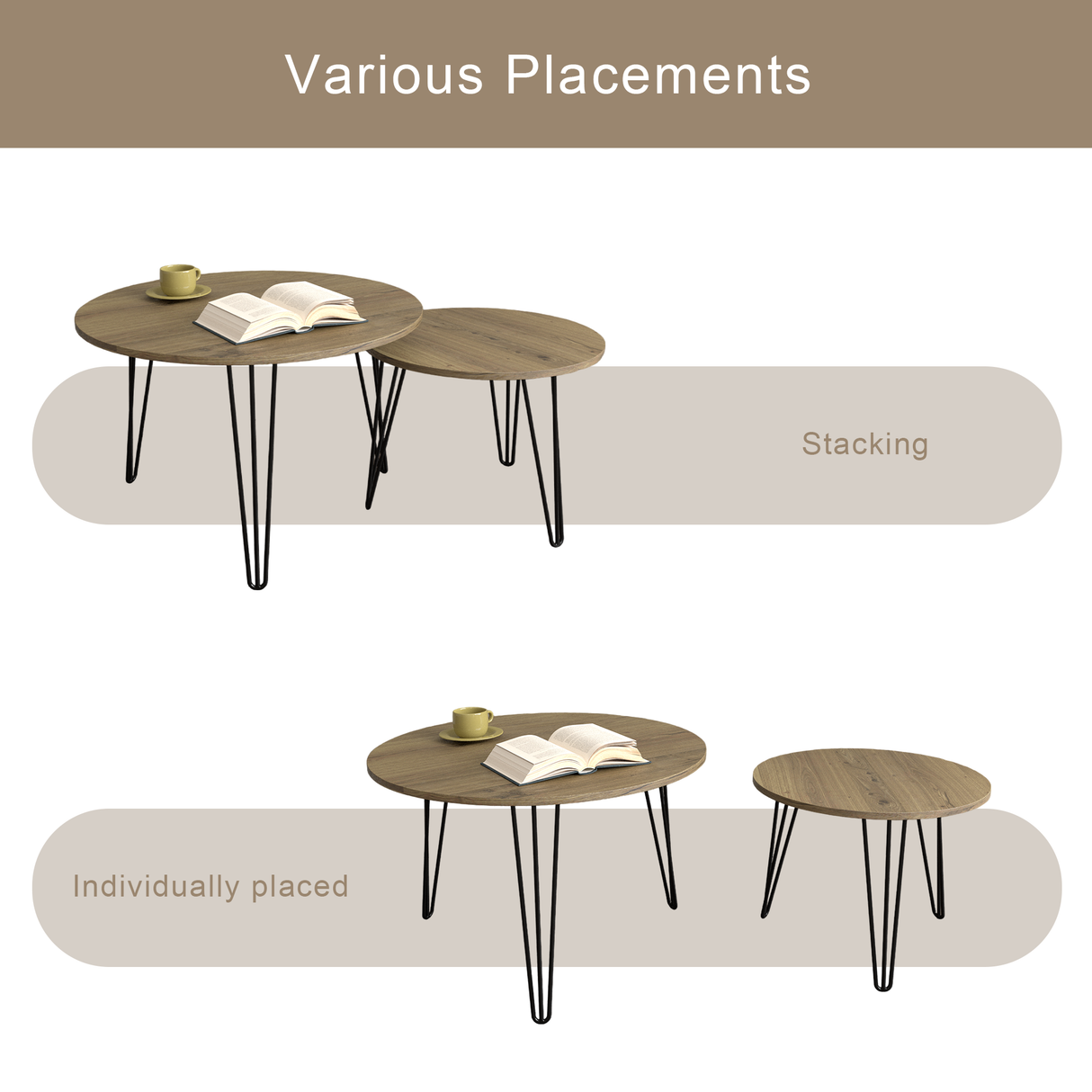 27.56'' Round Nesting Coffee Table Set of 2, Circular Nesting End Table Set Sturdy Metal Base for Living Room, bedroom, Brown - V.I.P Digital Presence