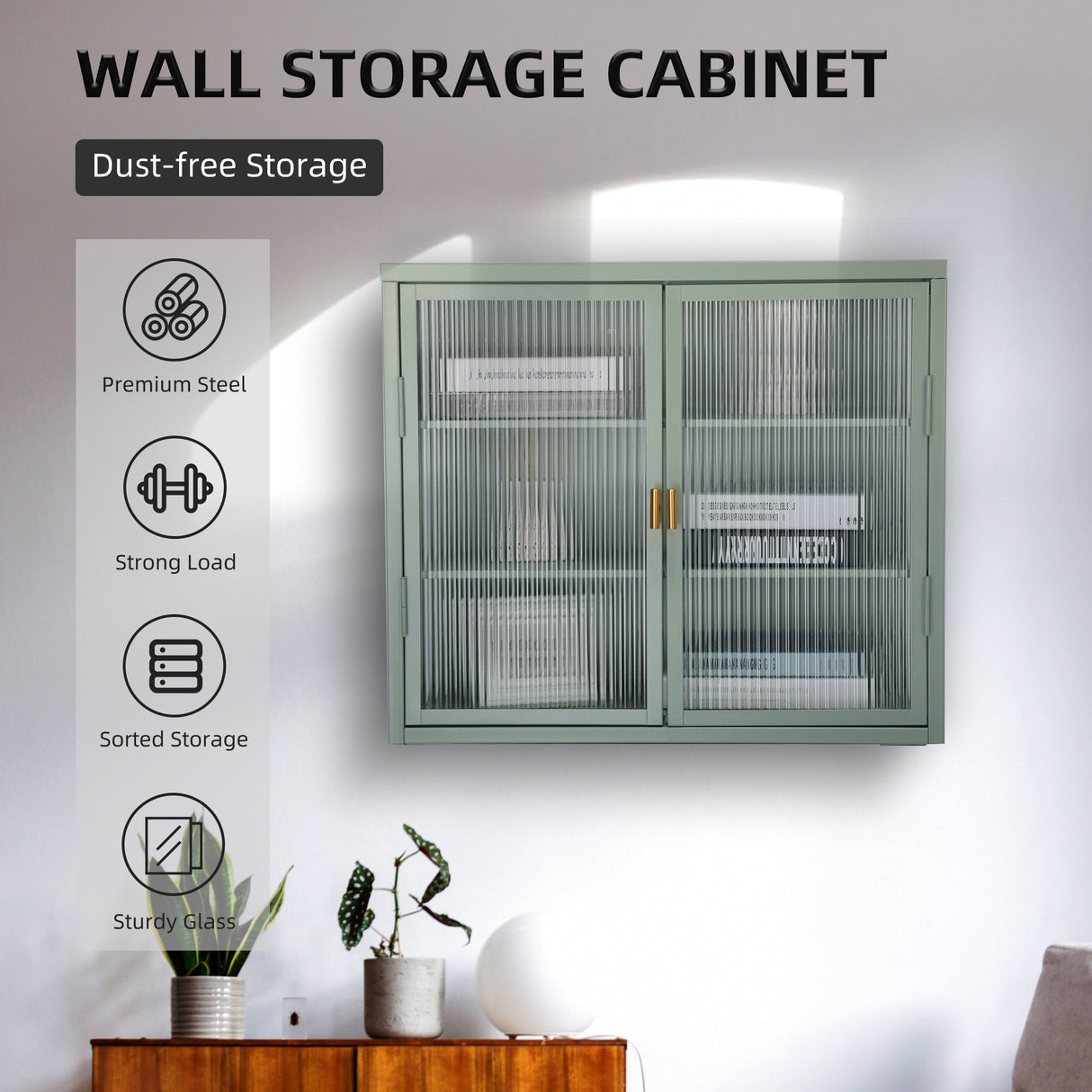 Retro Style Haze Double Glass Door Wall Cabinet With Detachable Shelves for Office Dining Room Living Room Kitchen