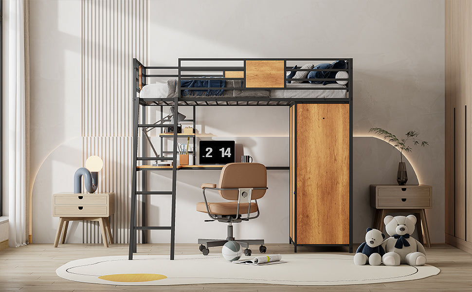 Twin Size Loft bed with L-shape Desk and Wardrobe, Black - V.I.P Digital Presence