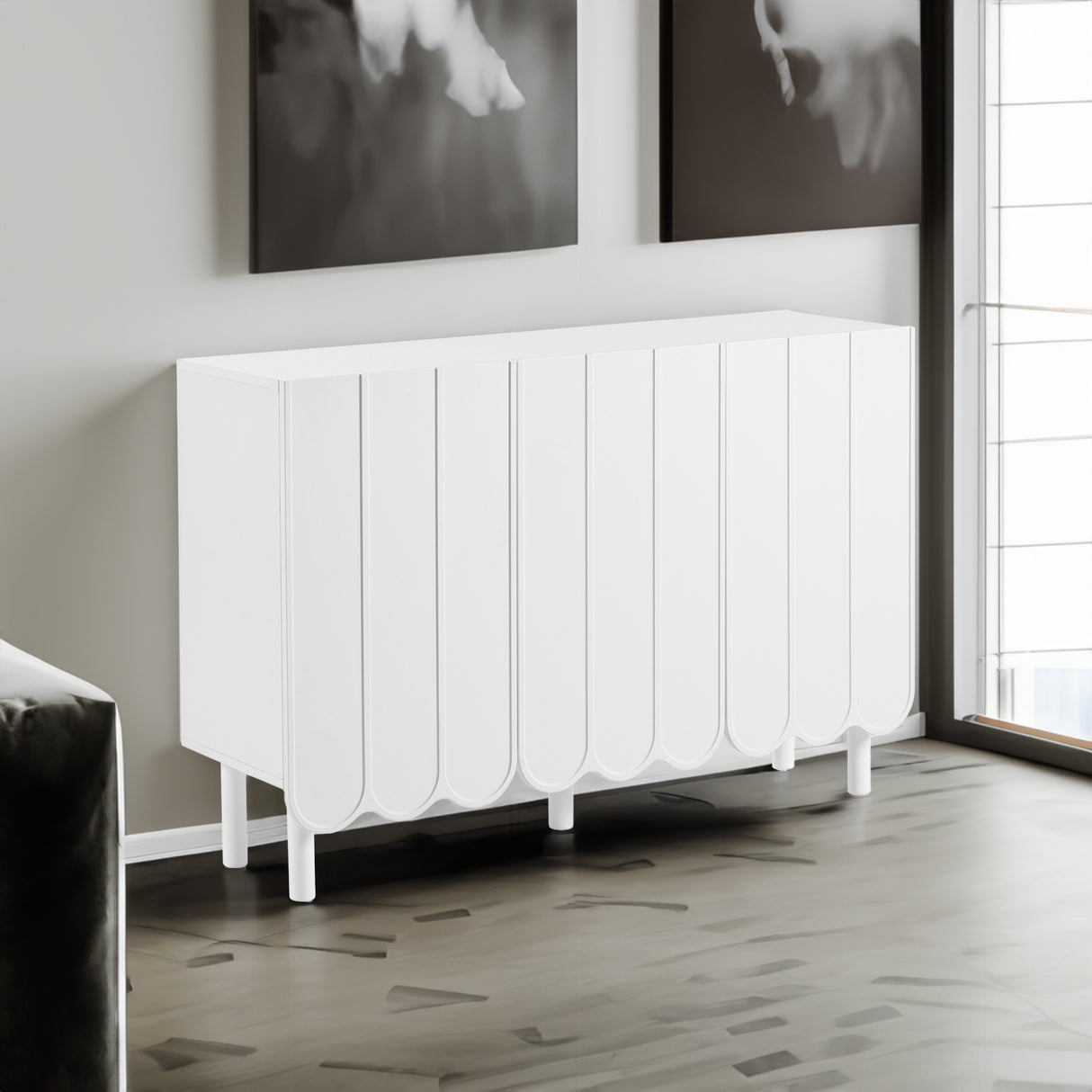 ON-TRANS Cream Style Shoe Cabinet with 5 Adjustable Solid Wood Legs, Large Storage Cabinet with Wave Doors, White - V.I.P Digital Presence