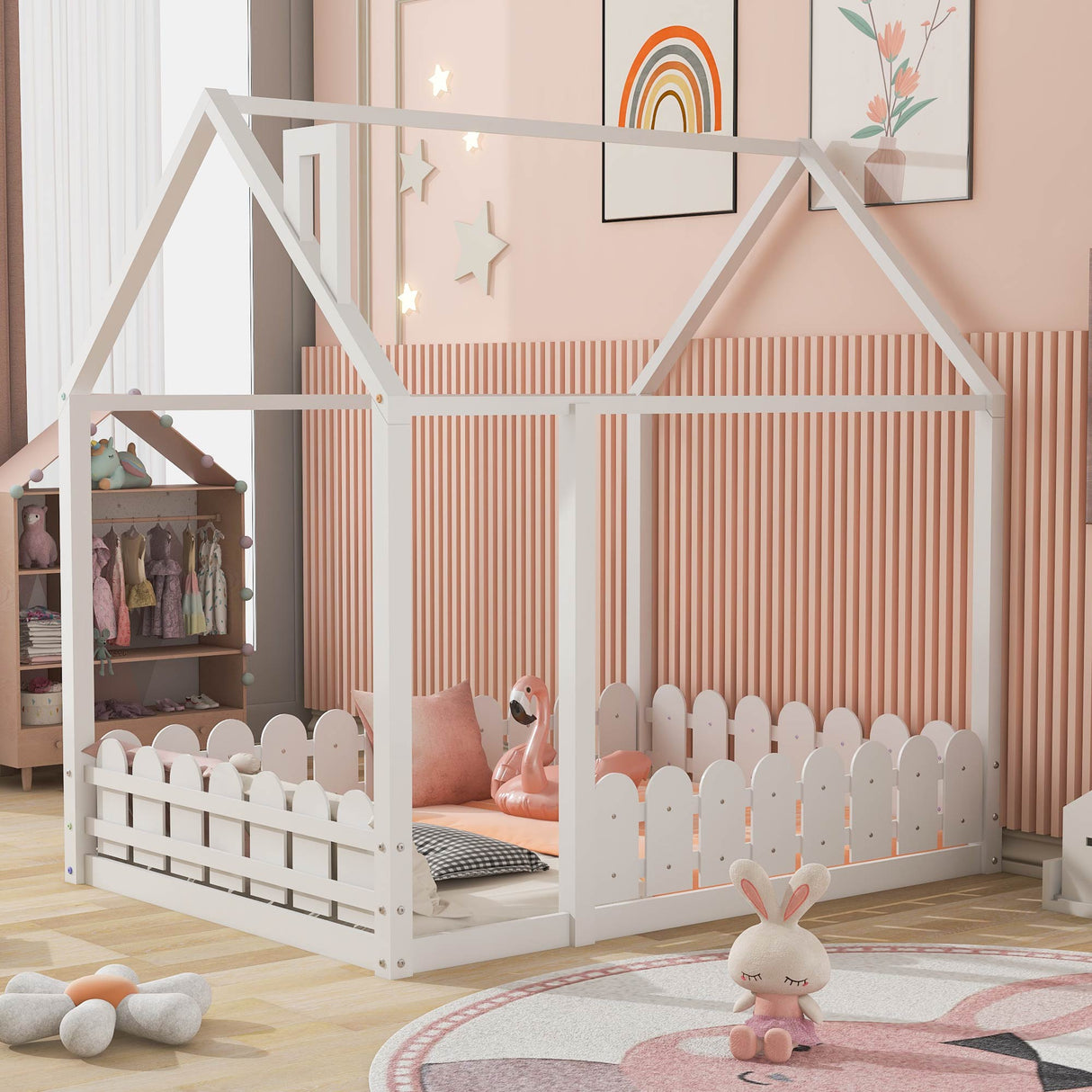 (Slats are not included) Full Size Wood Bed House Bed Frame with Fence for Kids Teens Girls Boys (White ) - V.I.P Digital Presence