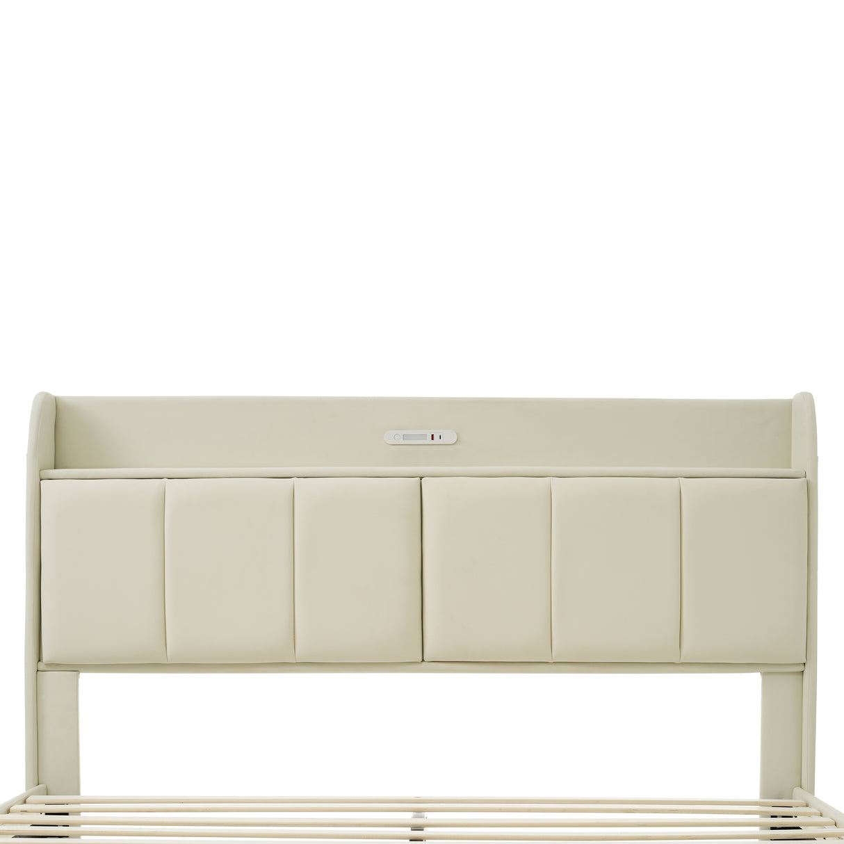 Large floating bed frame with storage headboard, touch sensor, night light and USB charger, padded platform bed, beige color - V.I.P Digital Presence