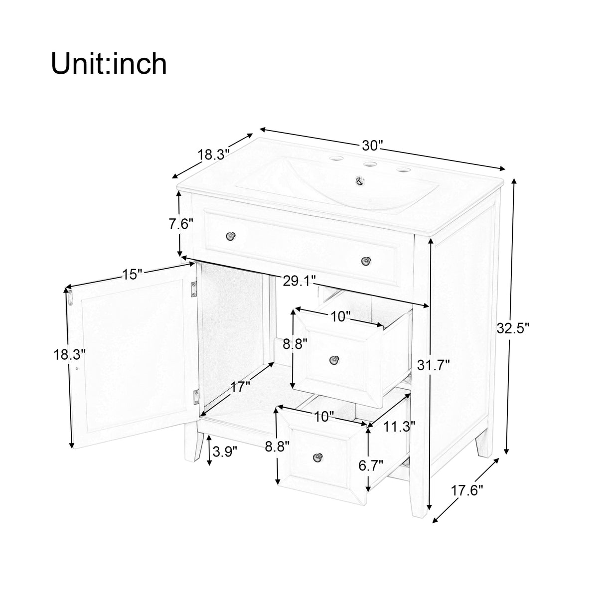 30" Bathroom Vanity with Sink Top, Bathroom Vanity Cabinet with Door and Two Drawers, Solid Wood Frame, One Package, Green - V.I.P Digital Presence