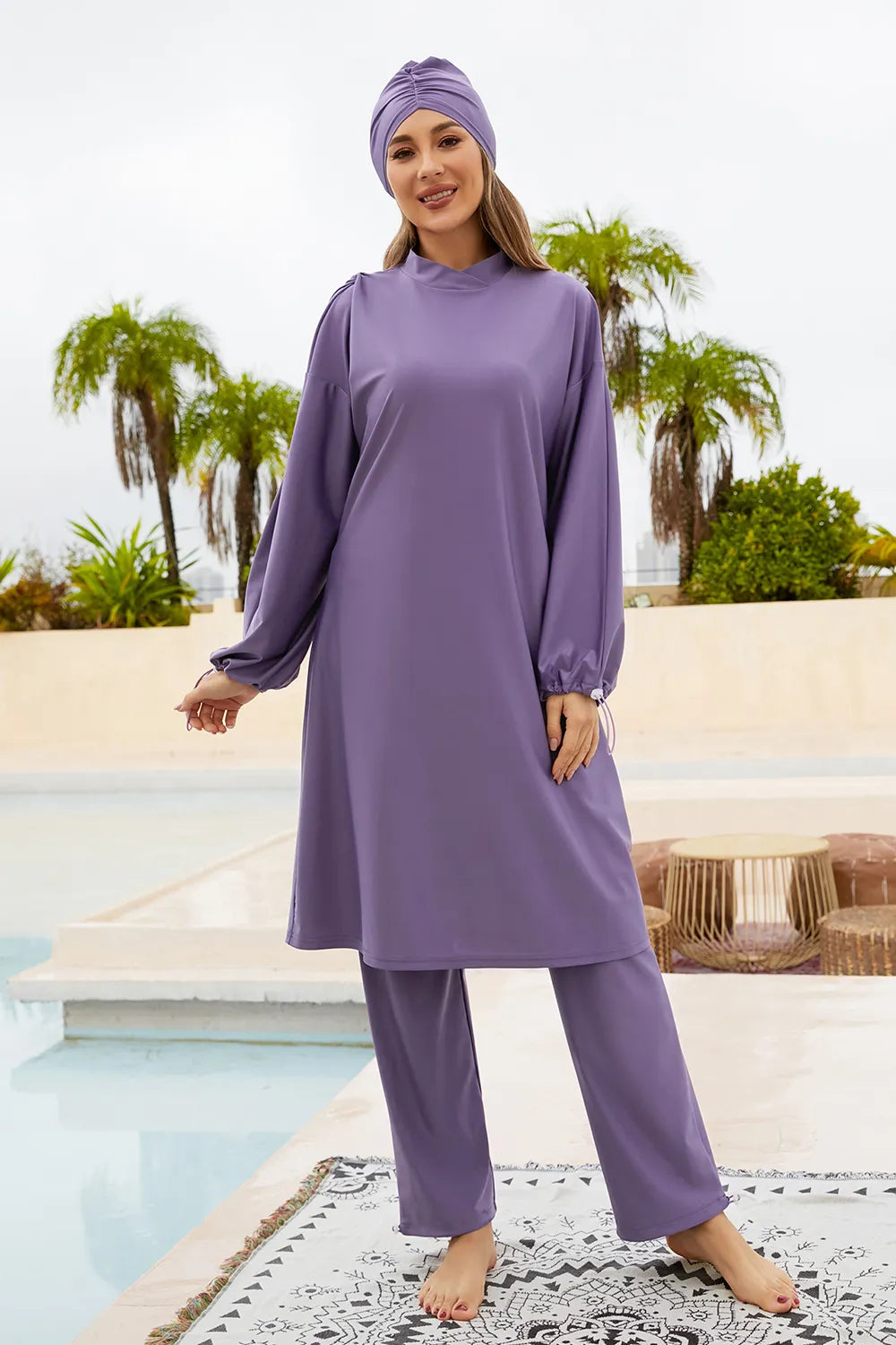 Cap, Drawstring Mock Neck Long Sleeve Top and Pants Swim Set - V.I.P Digital Presence