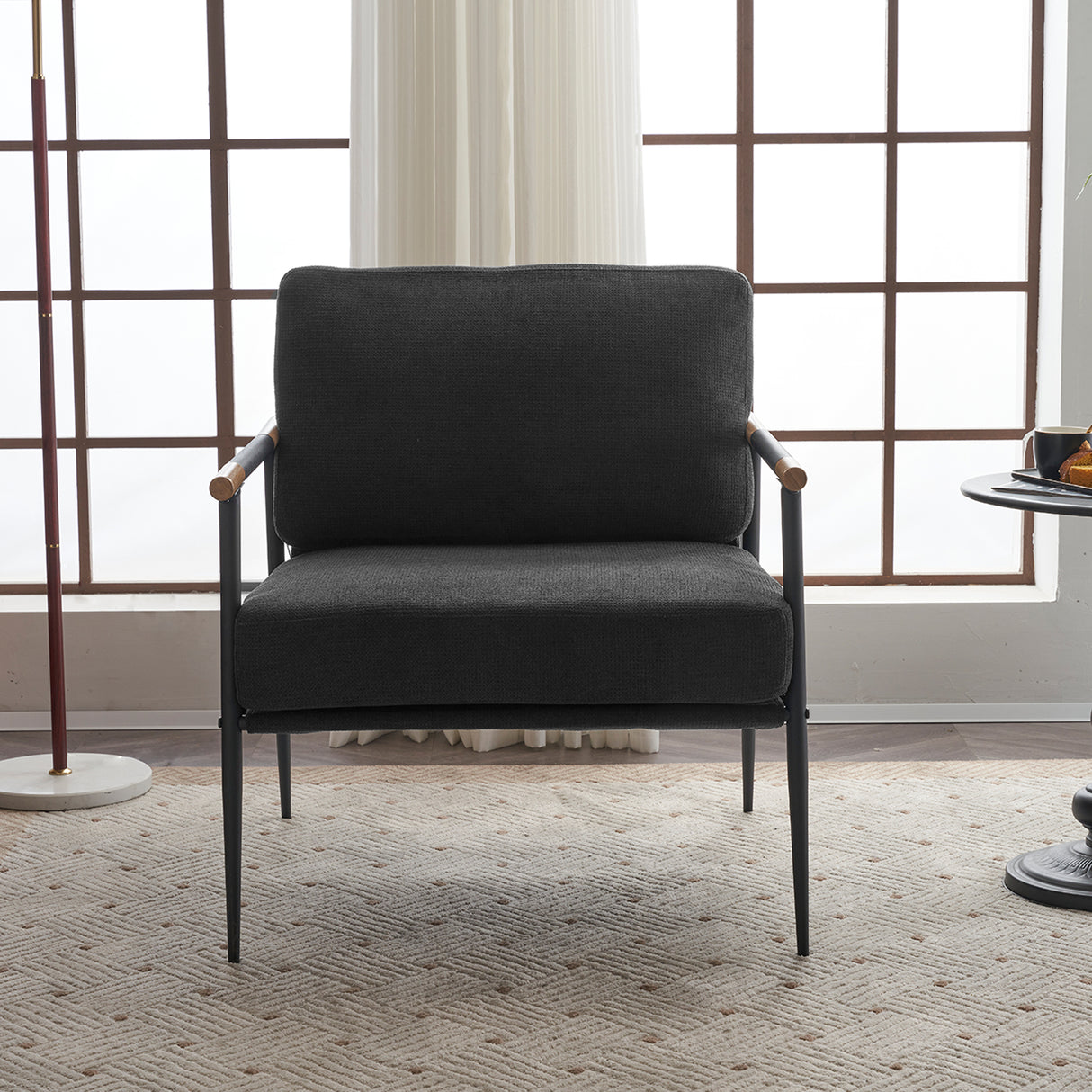 Leisure Lounge Chair Arm Chair with Metal Frame, Upholstered Side Chair Comfy Sitting Chair for Living Room, Black Chenille - V.I.P Digital Presence