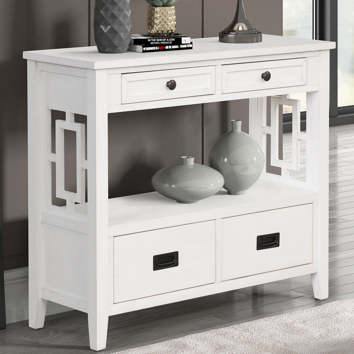 36'' Farmhouse Pine Wood Console Table Entry Sofa Table with 4 Drawers & 1 Storage Shelf (Antique White) - V.I.P Digital Presence