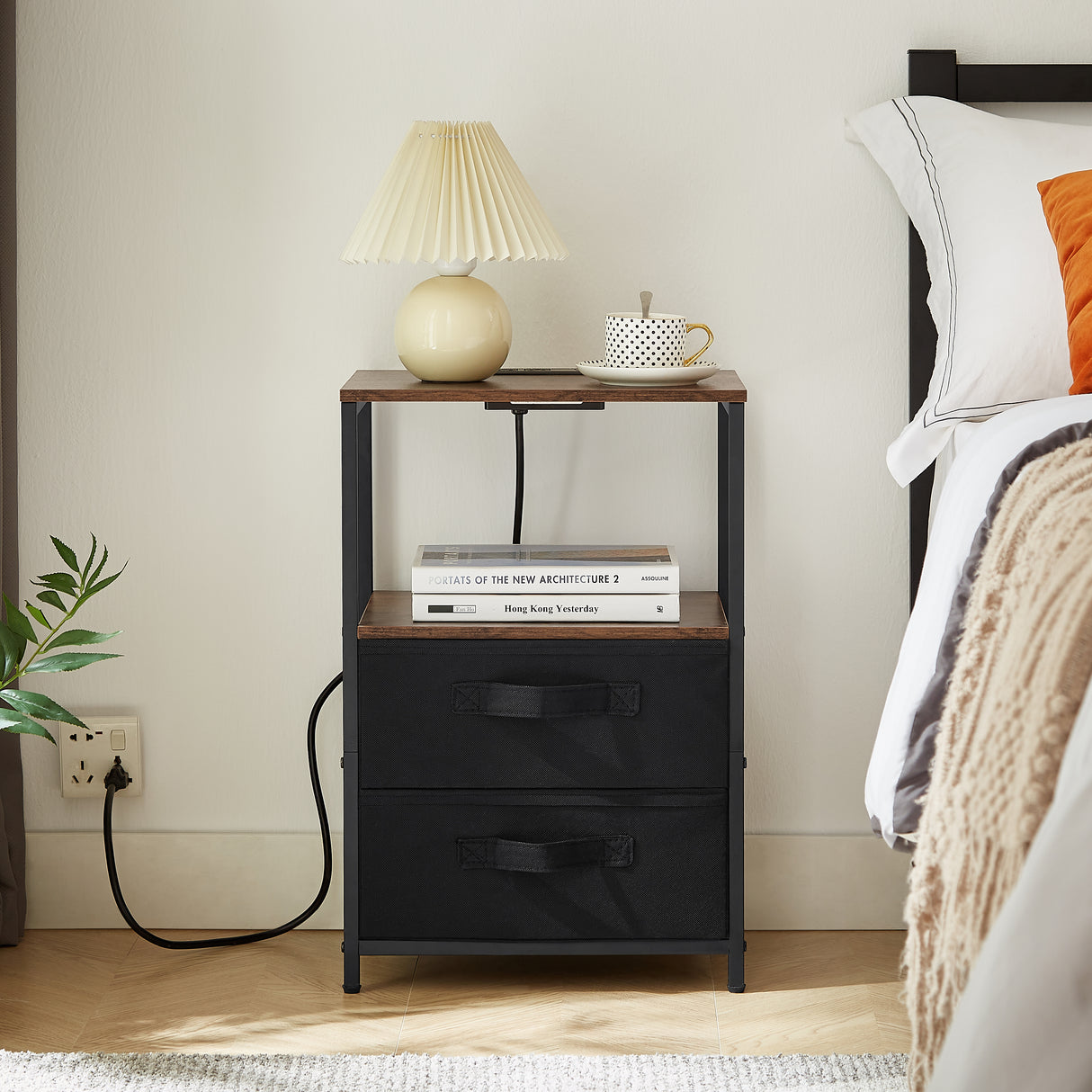 Tea table with charging station, bedside table with USB port, socket and cloth bag, 2 drawers - V.I.P Digital Presence
