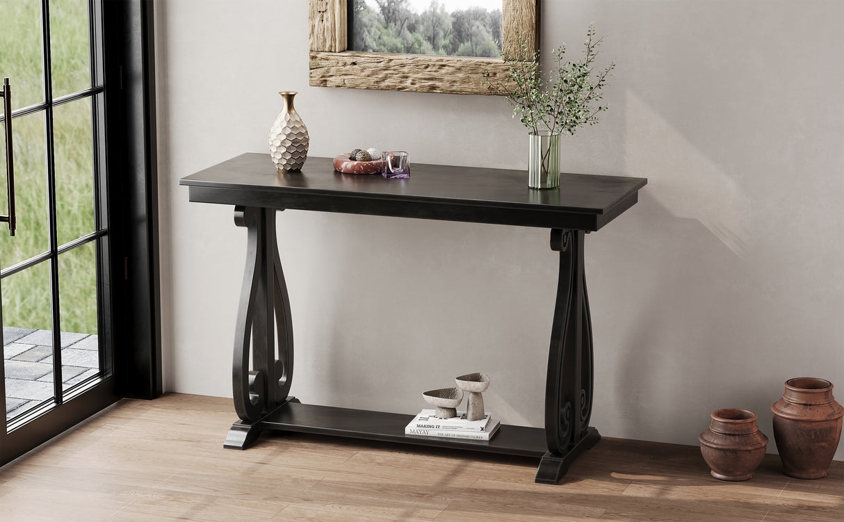 48-Inch Rustic Vintage Console Table --- Farmhouse Style Entryway Table with Open Shelf and Sturdy Construction (Black) - V.I.P Digital Presence